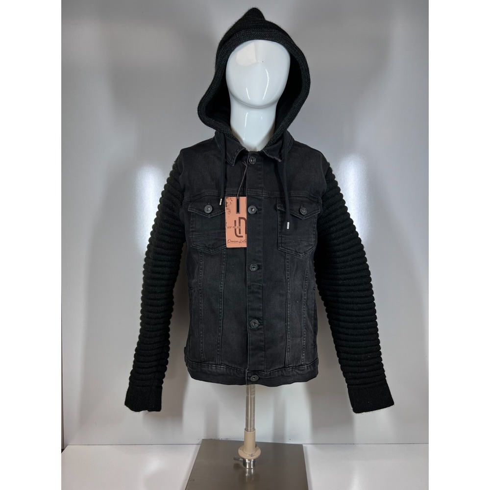 NWT Leif Nelson Black Knitted Sleeves‎ Hooded Denim Jacket Mens SZ Large LN5240